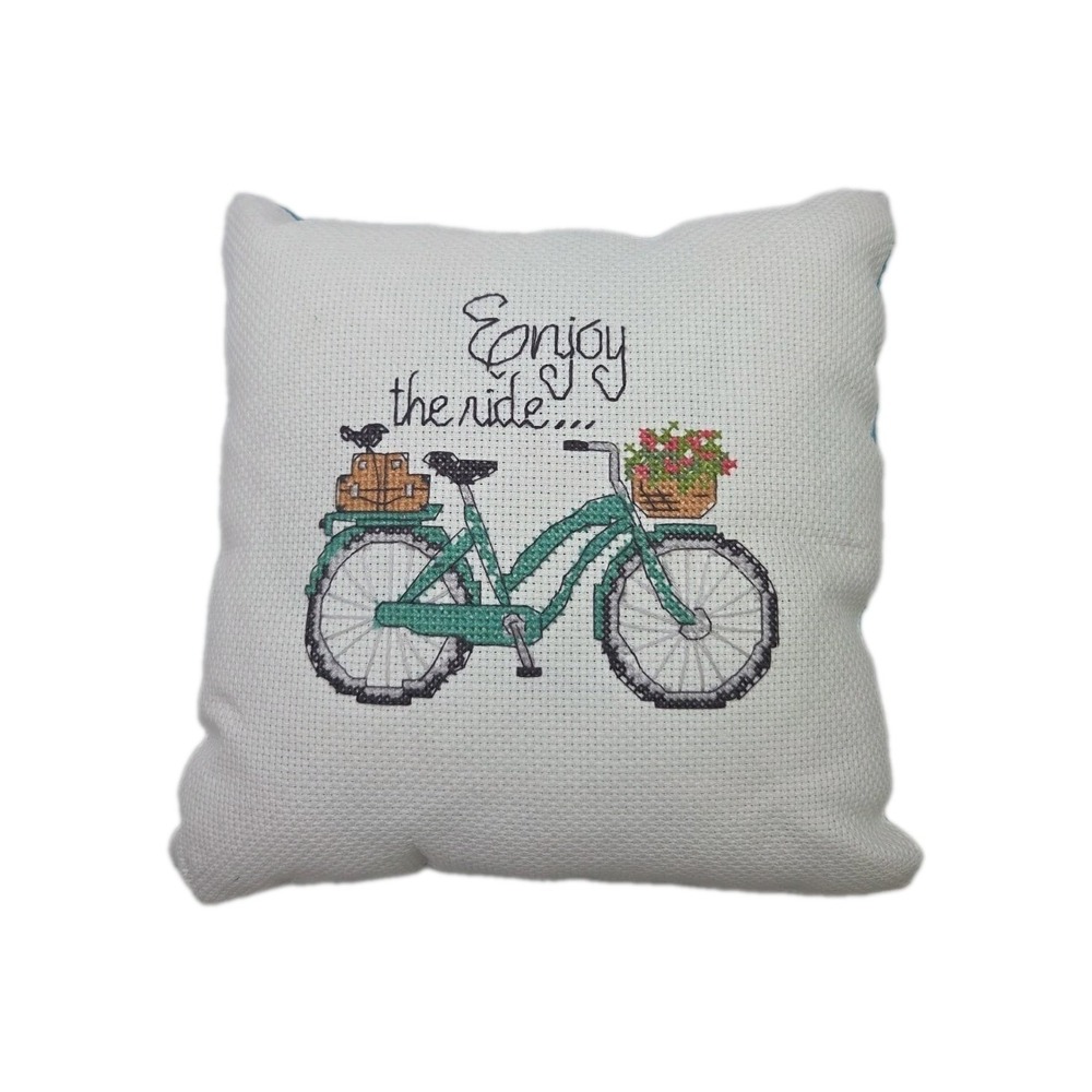 Cross Stitch Pillow Green Bicycle Flowers Suitcases Bird Finished Enjoy the Ride